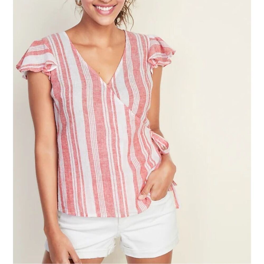 Old Navy Linen Cotton Pink Striped VNeck Wrap & Tie Top Womens sz XXL Beachy